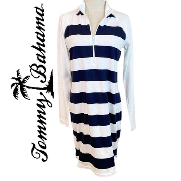 TOMMY BAHAMA POLO DRESS NAVY BLUE/WHITE STRIPES COTTON Sz S SAILOR NAUTICAL CORE - Picture 1 of 16
